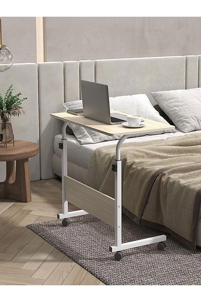 Lumely Bedside Standing Desk,With wheels Swivel Lockable,Height Adjustable,80x40x90cm,White Maple
