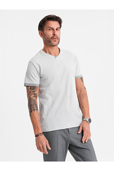 OMBRE Herren T-Shirt mit kontrastierenden Einsätzen und Rundhalsausschnitt - hellgrau V4 OM-TSCT-0198 S