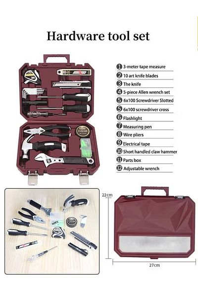 fulina 12-piece hardware repair tool set, non-slip handle, rust-proof, with storage box, for home use, red