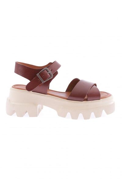 DGN Brown Genuine Leather Women's Sandals with Thick Soles and Cross Straps -...