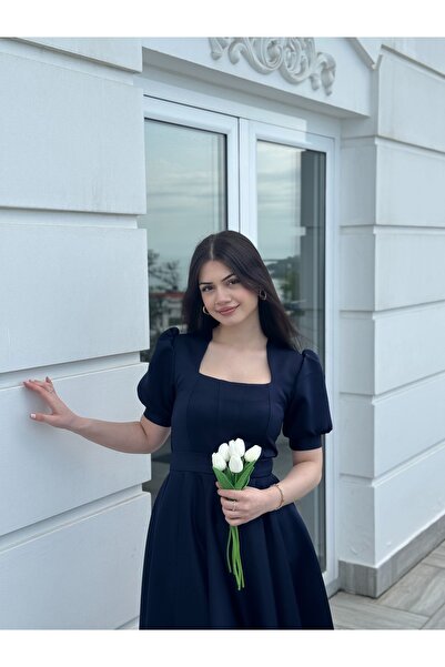 essolaria MİRA Kadın Lacivert Dikiş Detaylı Modern Elbise/Abiye