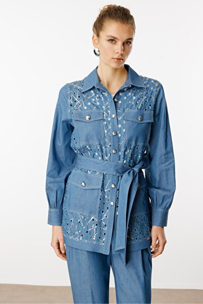 Moda İlgi Модельна туніка з поясом, застібкою на ґудзики та вишивкою - 40034 Синя