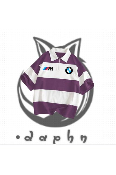 TEXTURA New Season Unisex Men's Women's Purple White Bmw M3 Printed Polo Collar Zippered Oversize T-Shirt