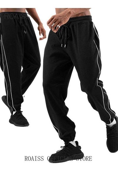 ROAISS Men's Casual Sports Trousers Slim Stitching Simple Solid Color Elastic Waistband Spring and Autumn