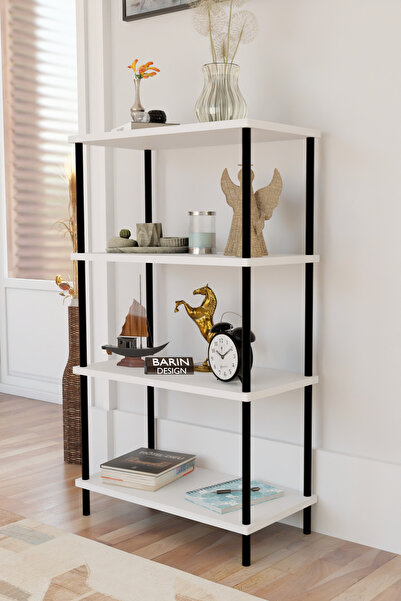 BARIN DESIGN 4 Katlı Çevir-Kur Sistemli Kitaplık Raf Metal Gövdeli Ahşap Rafl...