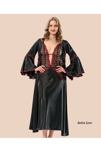 İntive Lingerie Moongirl Deep V Χαμηλό Κόκκινο Μοτίβο Σατέν Λατινικό Νυχτικό Σετ με μανίκια
