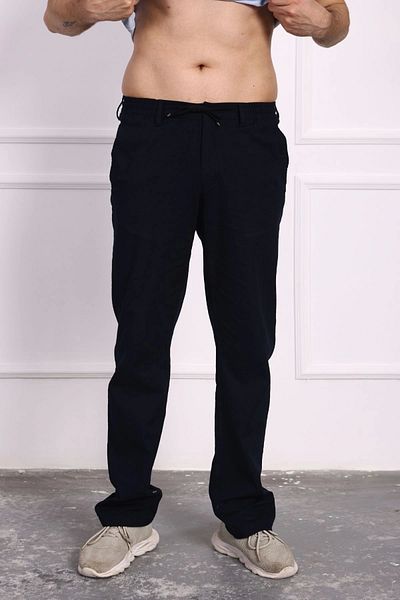 Tam12den Home Men's Cotton Linen Relaxed Cut Anti-Sweat Fabric Lace-Up Trousers Navy Blue