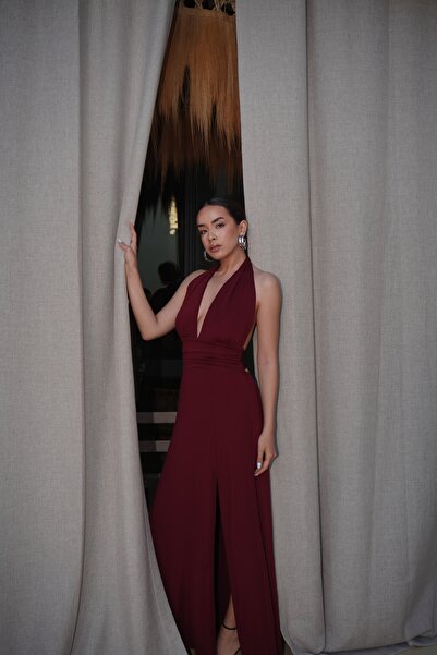 Eka Kadın Bordo Halter Yaka Uzun Elbise 0994-2209