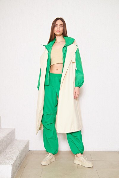 comstar Kadın Oversize Çift Renk Basic Krem Uzun Trençkot