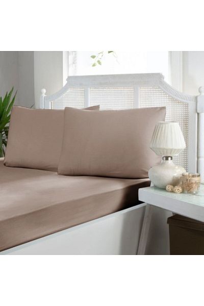 First Choice Set husa de pat cu elastic si 2 fete de perna, bumbac satin, 160x200 cm, Maro (Mink)