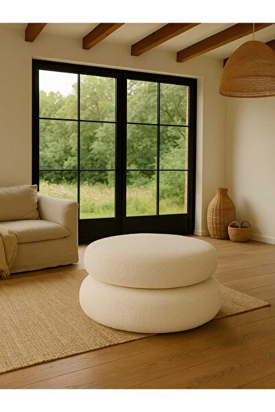 schane home Yuvarlak BEYAZ&BEYAZ YerMinderi 55 cm FERMUARLI Konforlu Oturum Yumuşak Kumaş İÇ VE DIŞ KULLANIM