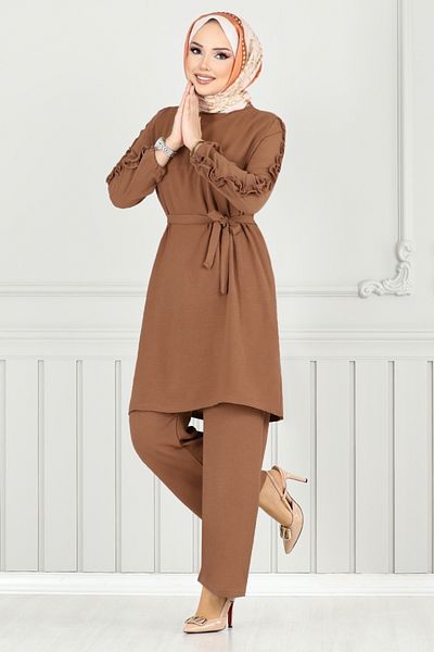 ModaMerve Aerobin Suit with Ruffled Sleeves 6015Uz1029-M Tan