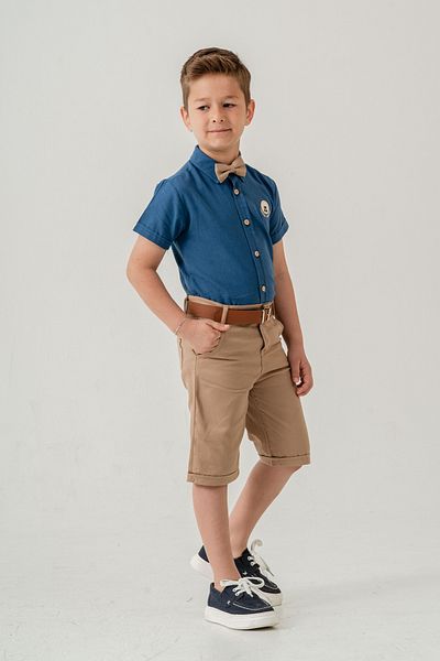 Esterella Boy / Short Sleeve Shirt Lapel Bow Tie Suit/Oxford Shirt - Shorts / Belted Shorts Suit