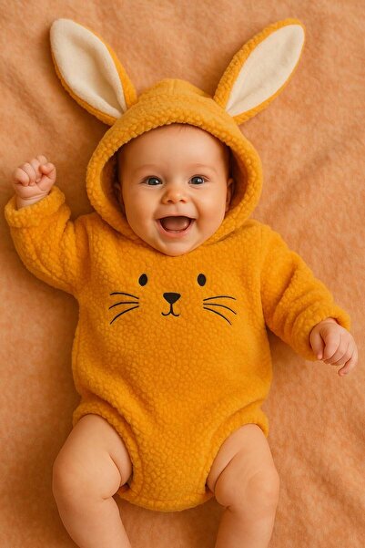 aden kids Kapüşonlu Bebek Peluş Çıtçıtlı Badi