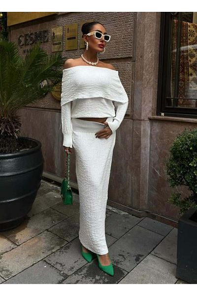 RICHMOST Standart Molded Patternless Women's Knitwear Skirt Suit with Boat Neck and Long Sleeves (2 Pieces) Ecru
