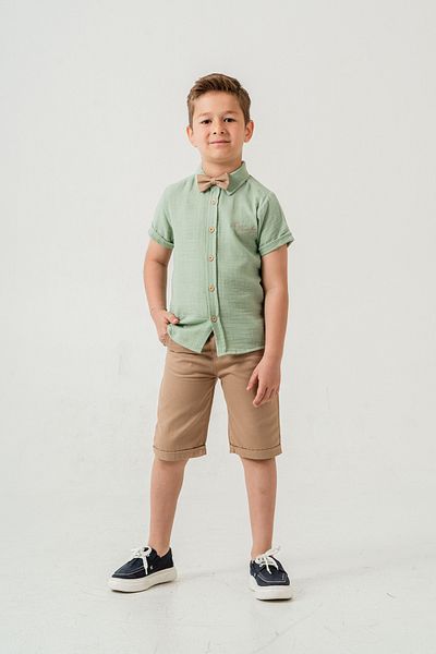 Esterella Boy's Muslin Suit / Short Sleeve Shirt Collar Bow Tie Suit / Muslin Shirt - Shorts Suit
