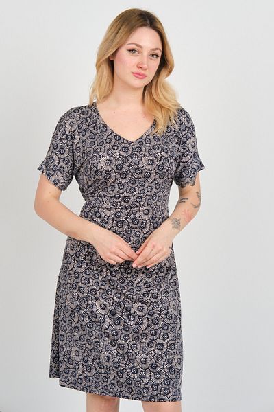 ELLA CAMELIA Women's Patterned Waist Tied Double Sleeve Dress 23E128 Navy Blue
