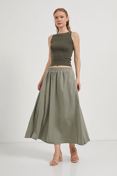 Arma Life Women's Elastic Waist Maxi Length Long Khaki Flared Skirt