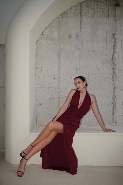 Eka Kadın Bordo Halter Yaka Uzun Elbise 0994-2209