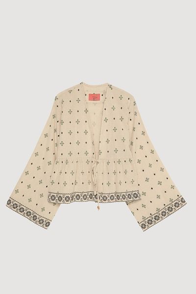 Quzu Pile Detailed Ethnic Patterned Tied Linen Short Kimono Natural
