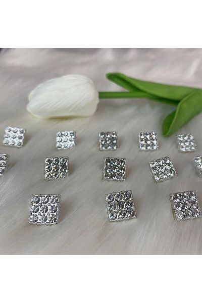 BRAVE TEKSTİL ÜRÜNLERİ Silver Square Stone Button (24 Size) 15mm-10 Pieces