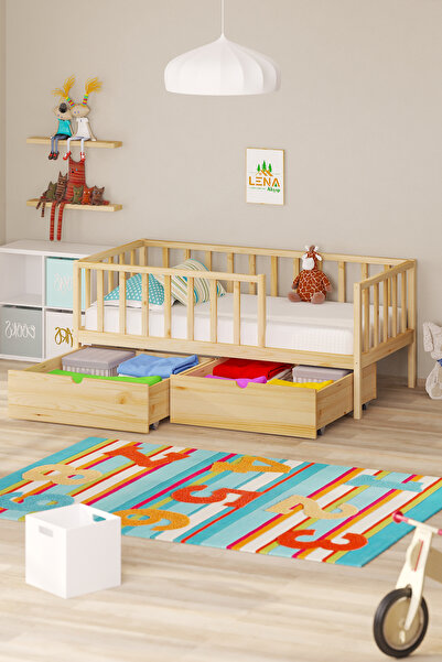 lena ahşap Çekmeceli Ahşap Karyola - 2'li Doğal Renk Çekmeceli Montessori