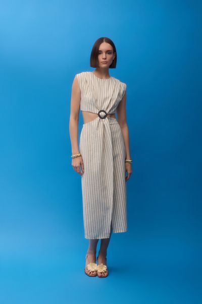 Quzu Rochie midi cu dungi decupate cu accesorii pentru curea Natural