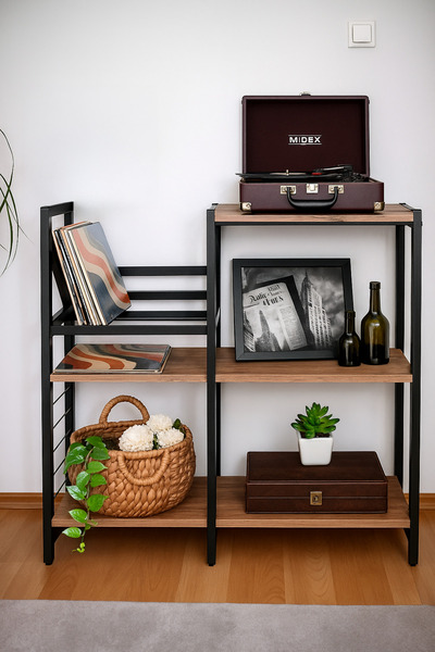 Lux poster house Nordic Tarz Ahşap Metal Plaklık | Dekoratif Raflı Plak Stand...