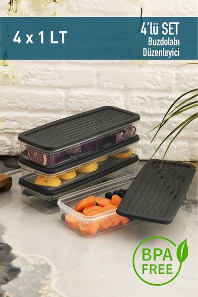 Leila Anthracite 4-Piece Storage Container with Lid, Refrigerator Organizer Suitable for Microwave and Freeze 4Lt
