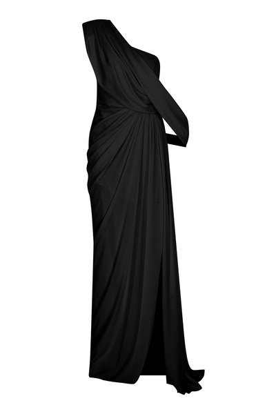 cercis Drapeli Yırtmaçlı Tek Omuz Uzun Saten Abiye Elbise