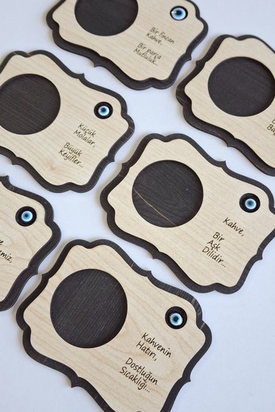 ERDİZDEN 6 Pieces of Wooden Laser Cut Nazar Beaded Coasters and Cup Mats