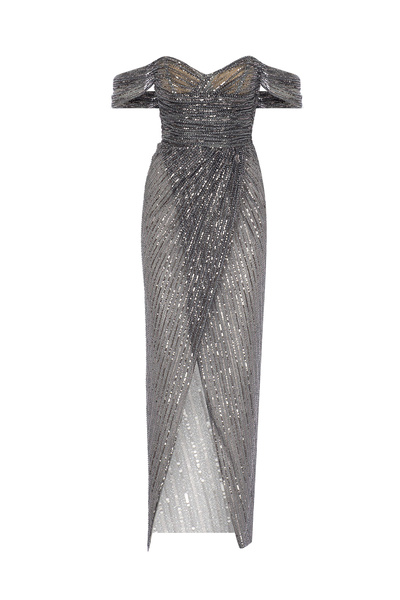 cercis Pul Payet Detaylı Straplez Yırtmaçlı Uzun Abiye Elbise