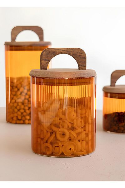 The Mia Acacia Glass Jar with Handle Amber 700 ml Cm484