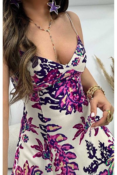 Sohotique By P Patterned Viscose Dress with Rubber Rope Straps Ecru-Pink