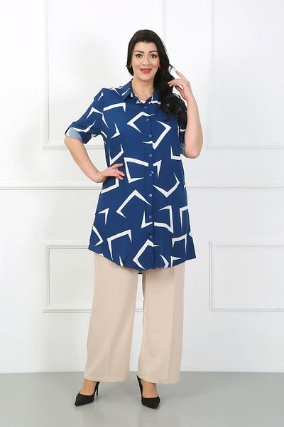 By Alba Collection Women's Indigo Patterned Cotton Viscose Large Size Tunic
