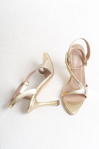 Shoesers Women's Special Design Asymmetrical Banded Metallic Color Stiletto Thin High Heeled Evening Dress Shoes