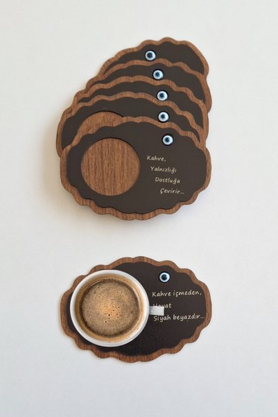 ERDİZDEN Erdizden 6 Pieces Wooden Laser Cut Evil Eye Beaded Coasters and Coasters