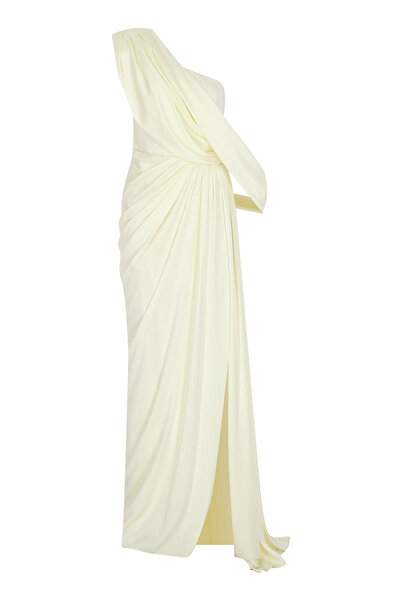 cercis Drapeli Yırtmaçlı Tek Omuz Uzun Saten Abiye Elbise