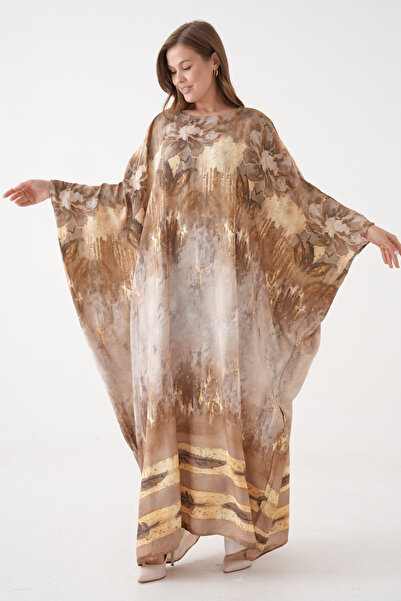barış sülün lovebox Women's Brown Tie Dye Patterned Loose Cut Bat Sleeve Oversize Maxi Dress 4006