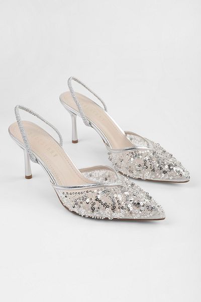Shoeberry Women's Melina Silver Tulle Sequin Bead Embroidered Stiletto