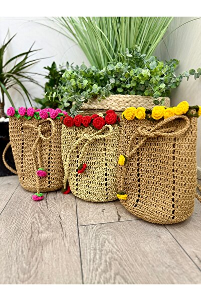YELİZ HANDMADE حقيبة باقة من الورق المحبوك يدويًا، حقيبة زهور، حقيبة من القش