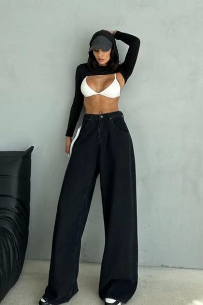 Tam12den Home Women's High Waist Wide Baggy Leg Jean Jeans Pants Black