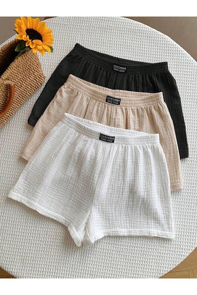 trendgar Pachet de 3 pantaloni scurți din muselină țesute pentru femei, negru, alb, bej