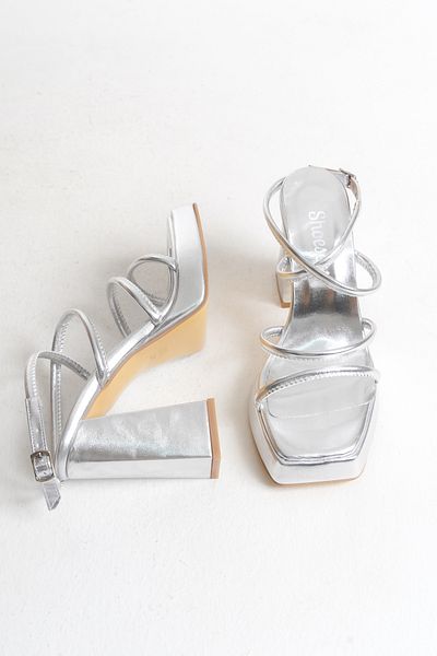 Shoesers Women's Special Design Ankle Strap Platform Heeled Silver Evening Dress Shoes