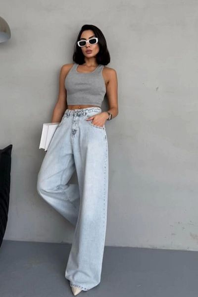Tam12den Home Women's High Waist Wide Baggy Leg Jean Jeans Pants Ice Blue