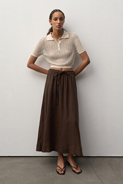 Mathilda Store Kadın Acı Kahve Ayarlanabilir Bel Keten Midi Etek