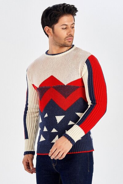 Peraluna Pyramid Patterned Crew Neck Men's Sweater - Multi Color