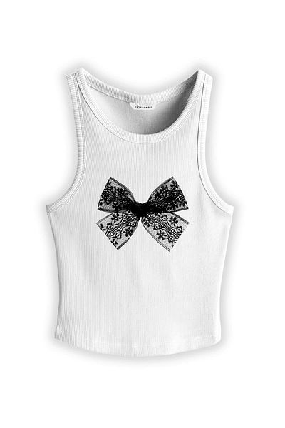 Trendiz Women's Black Lace Bow Strap Tank Top White 9013