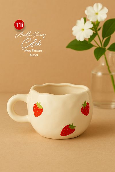 Anadolu Saray 1 Pcs Handmade Ceramic Strawberry Printed Large Size Design Mug Mug Cup |   Mug Cup Mug