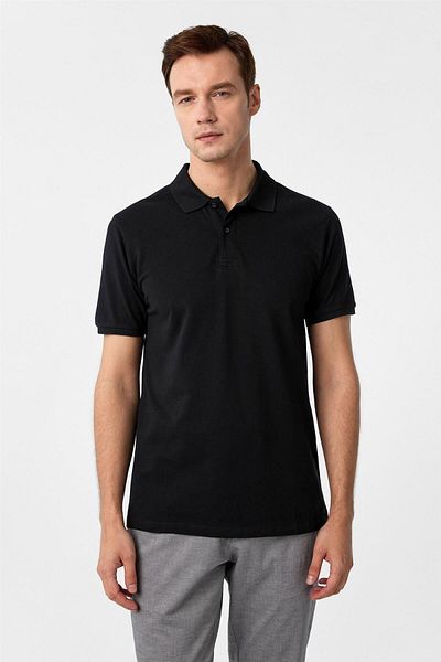 SÜVARİ Черна тениска с поло яка Slim Fit Dobby